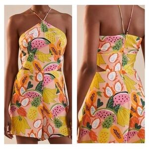 Hutch by ANTHROPOLOGIE Tropical Mixed Fruit Halter Romper side cutouts Carnival